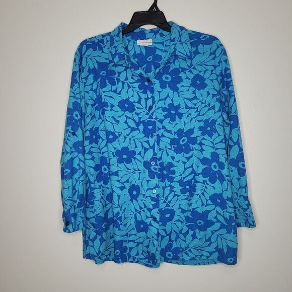 Jaclyn Smith Linen Blend Blue Floral Button Down Quirky Funky Coastal top 22 - Picture 1 of 5